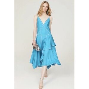Esteban Cortazar Aqua Blue Linen Embroidered Asymmetrical Midi Dress Size Large